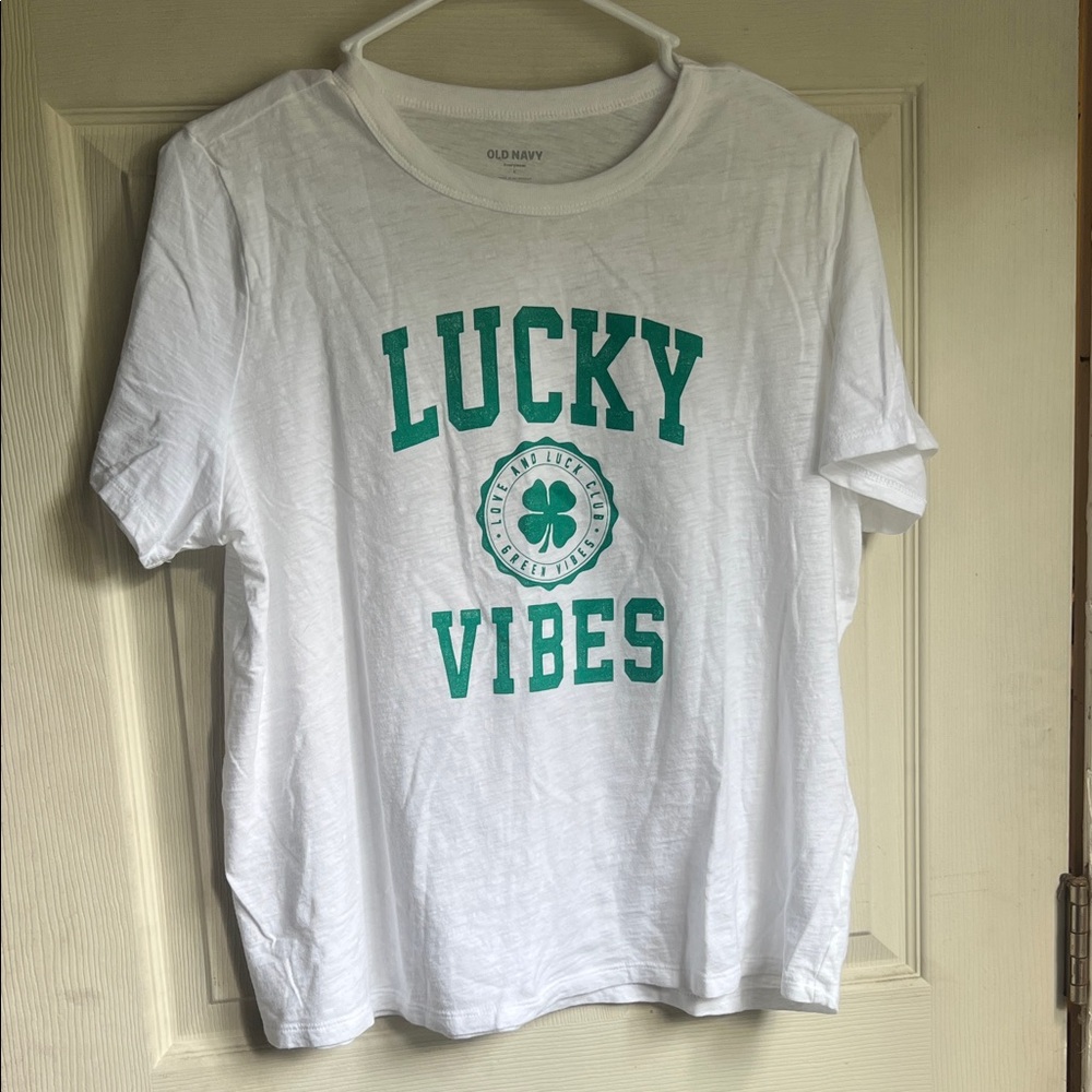 Old Navy White Tee with Green 'Lucky Vibes' Graphic